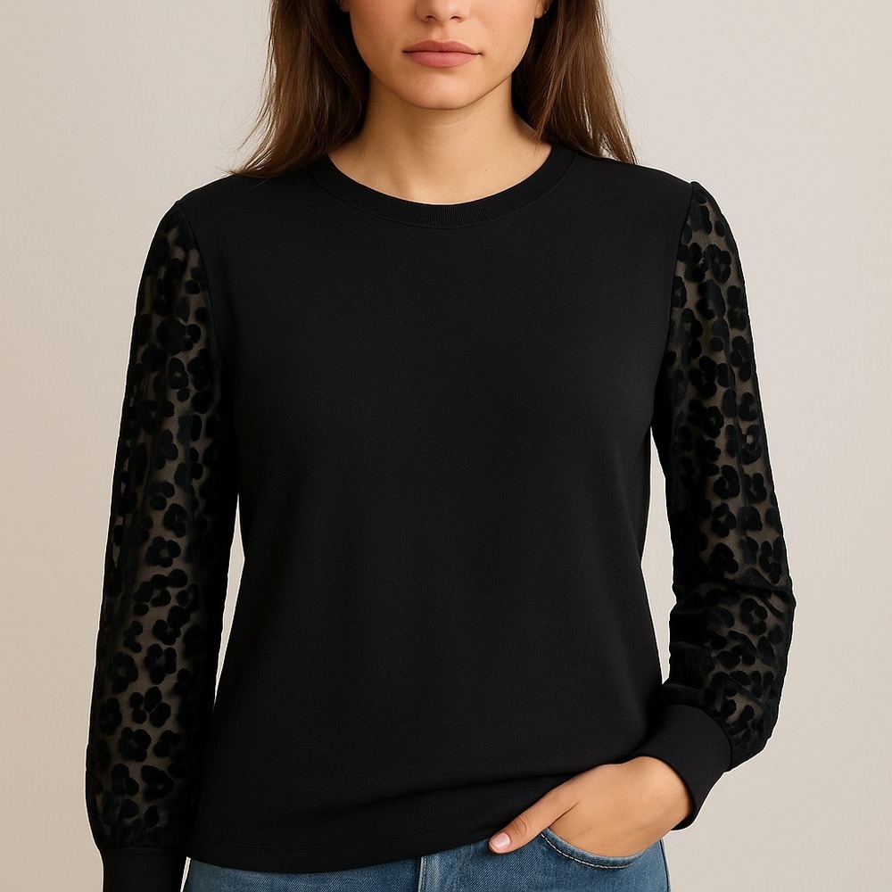 Black Velvet Burnout Sheer Sleeve Mob Wife Top Medium Alternative Grunge Y2K 90s